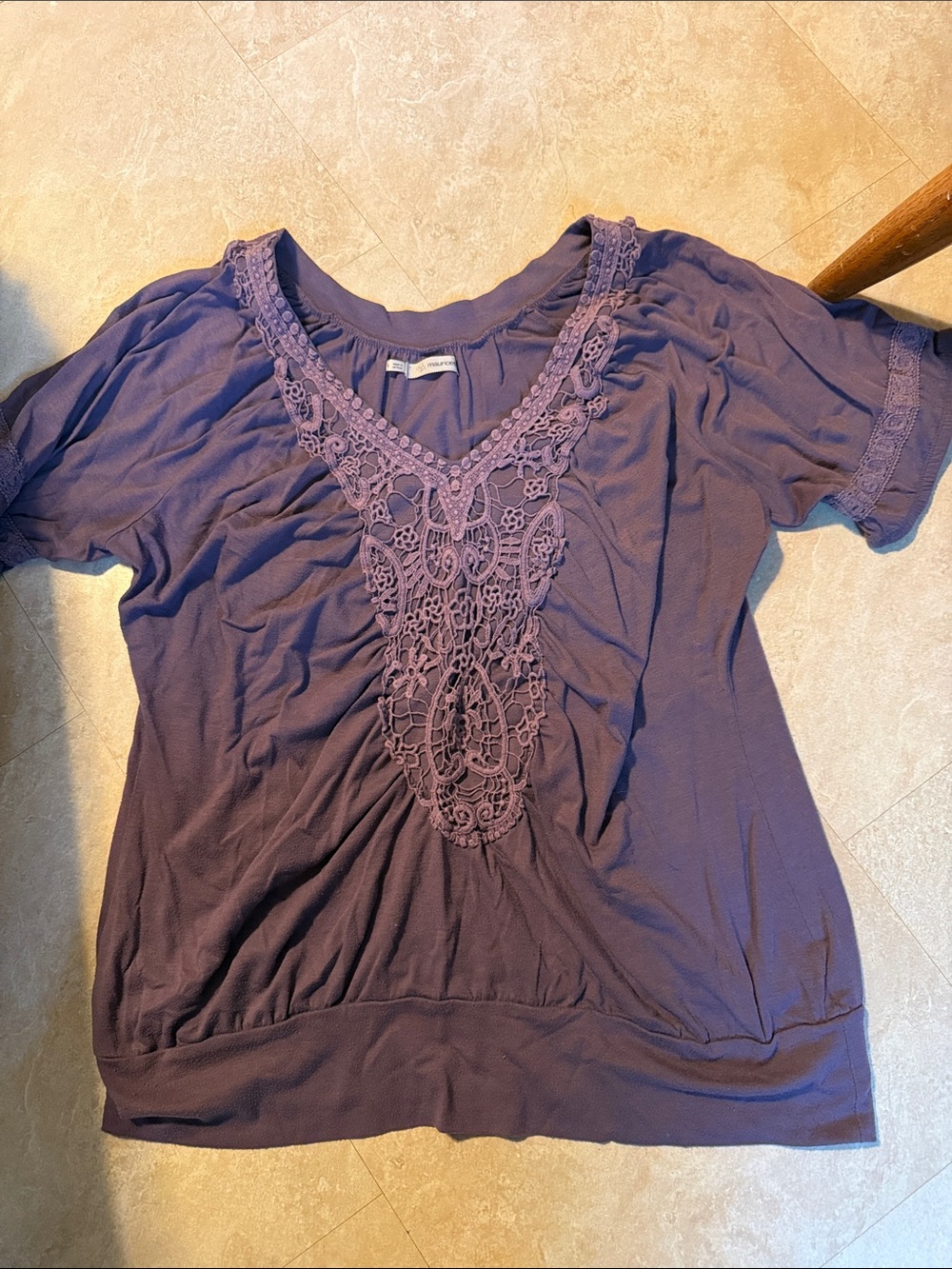 Maurices Purple Crochet-Front Short Sleeve Blouse